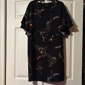 Worthington - S - Floral Black Sheath VNeck Dress, Flutter Sleeves any occasion